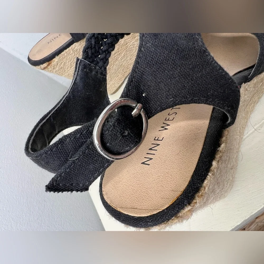 Nine West MAXIE3Y Black Canvas Espadrille Wedge Sandals